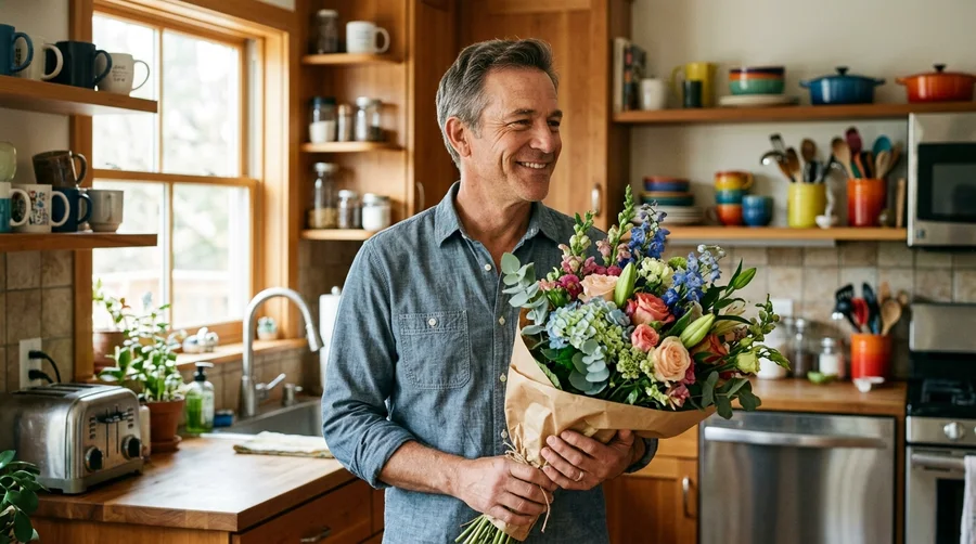 Husband bringing home flowers after sleeping in the same bed again